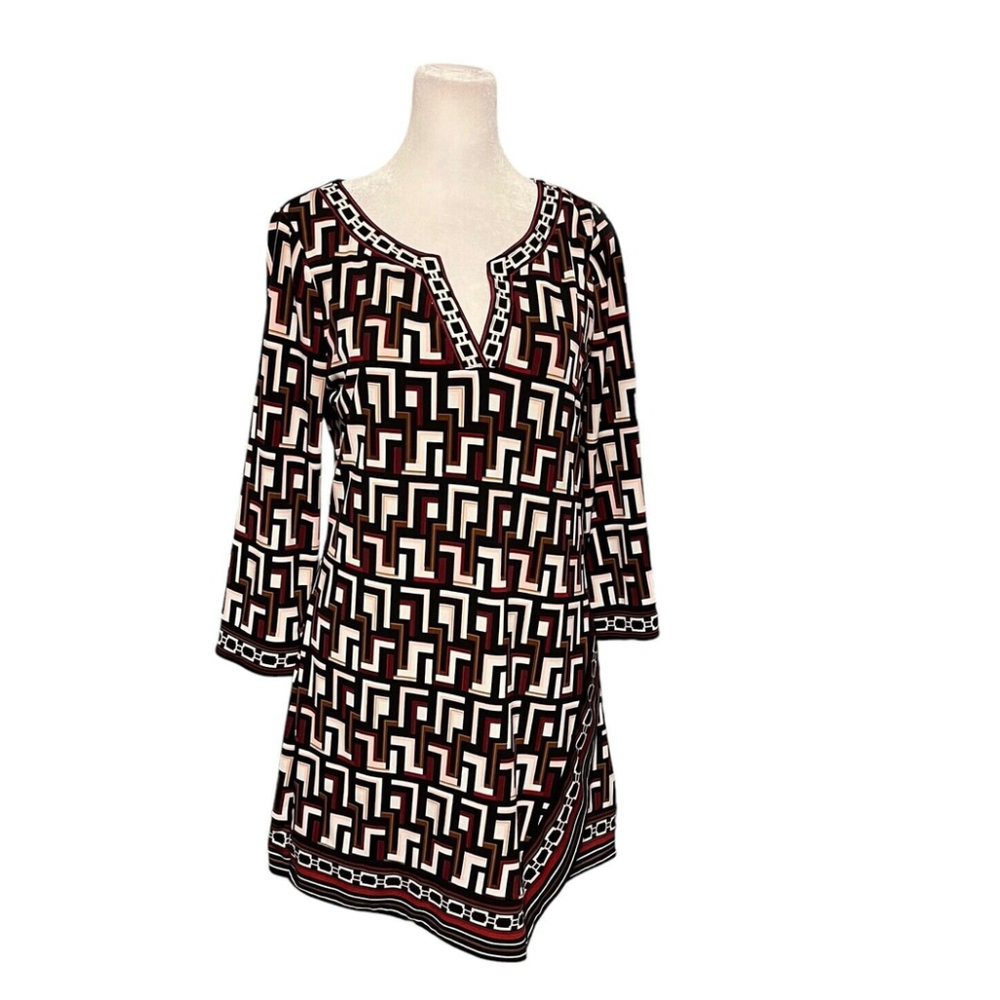 White House Black Market Black Red Geo Print Vneck Asymmetrical Tunic Small
